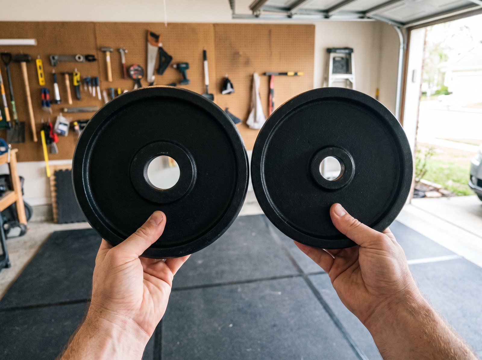 Two hands holding up an iron plate with a two inch hole next to one with a one inch hole
