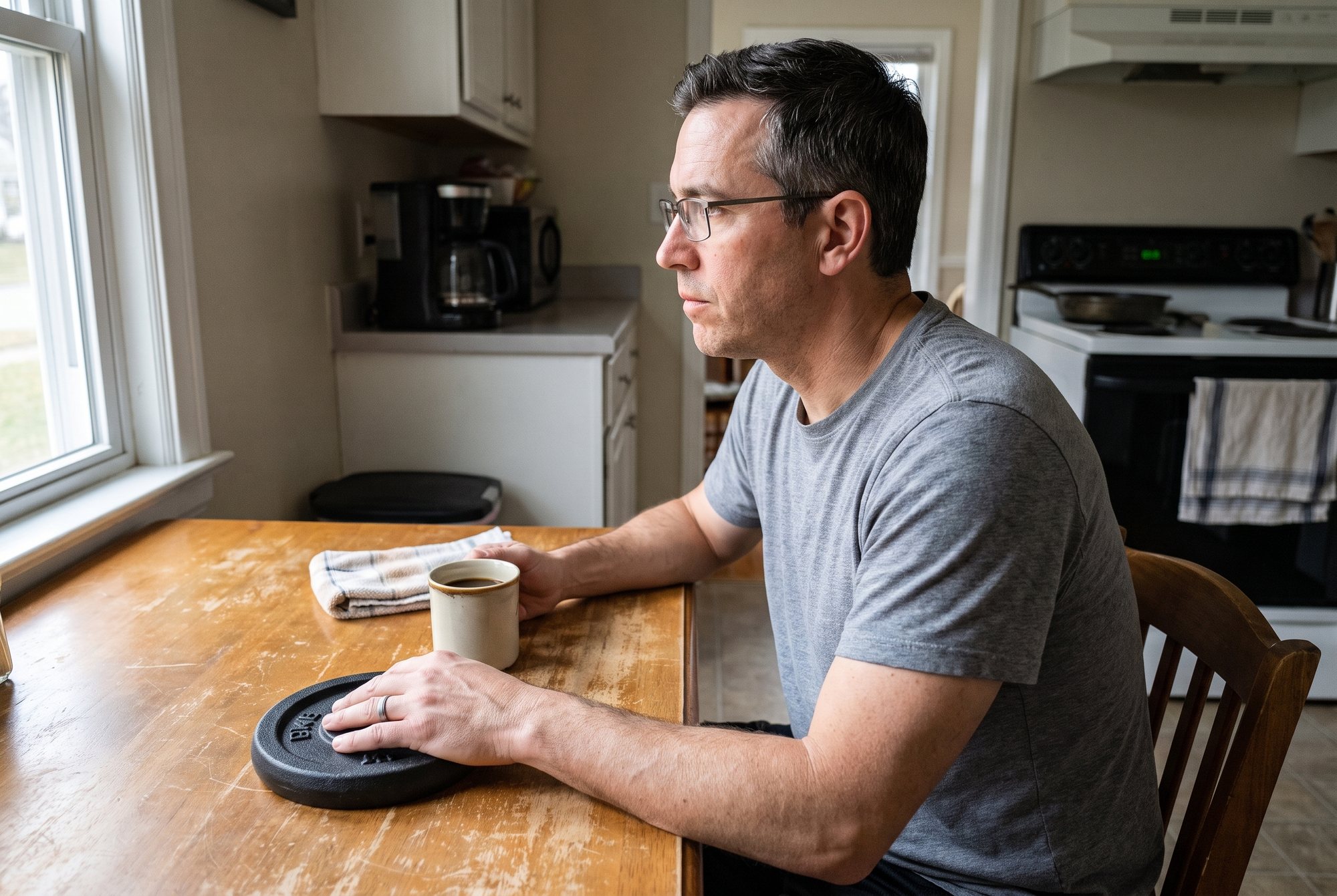 The author at his kitchen table in the morning with a coffee and a small iron plate beside him