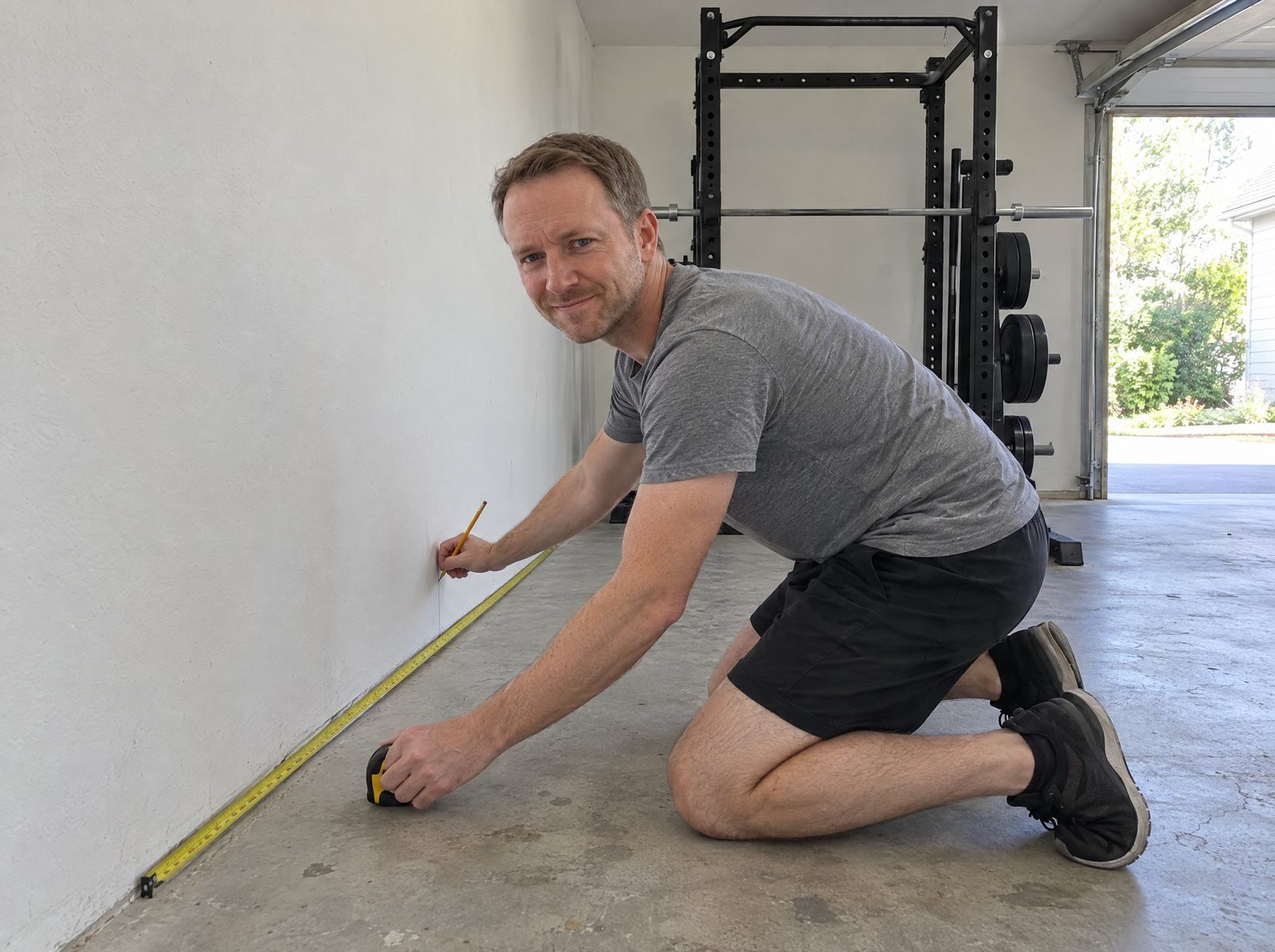 A man kneeling on a garage floor running a tape measure along an empty white wall and marking it with a pencil