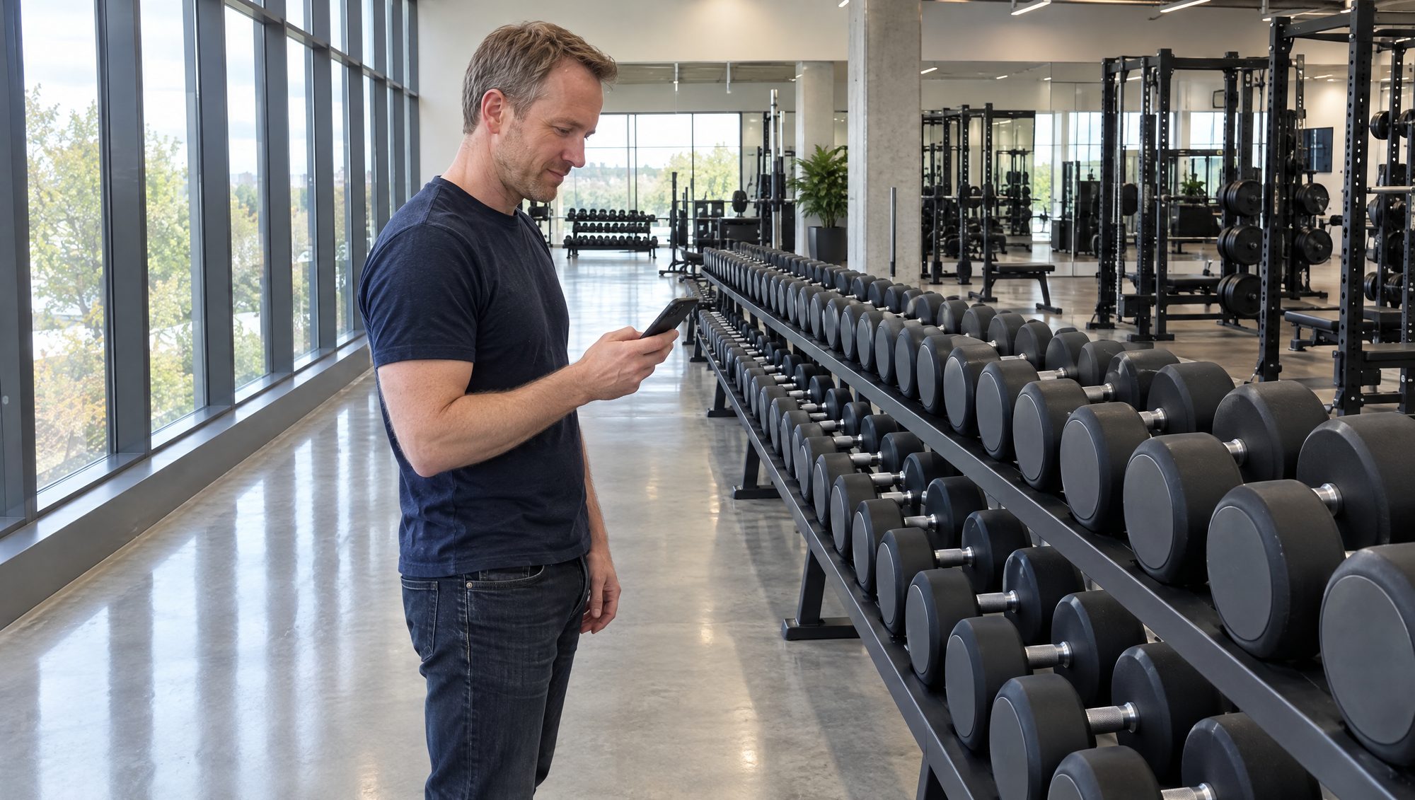 A man in a navy shirt checking his phone beside a long rack of black urethane dumbbells in a large gym showroom
