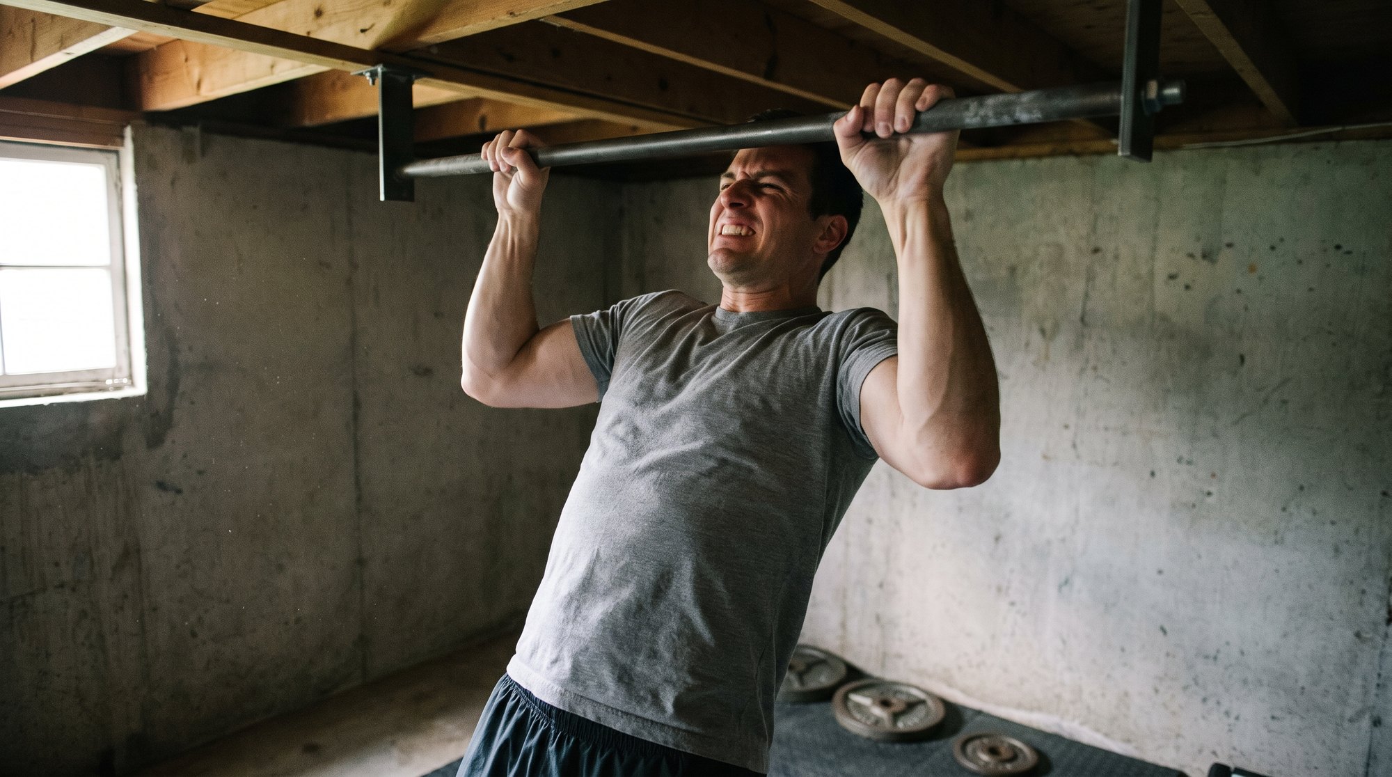 A man at the top of a pull-up on a bare steel bar bolted to the joists of a concrete garage, both palms turned away from him, forearms corded and face tight with effort