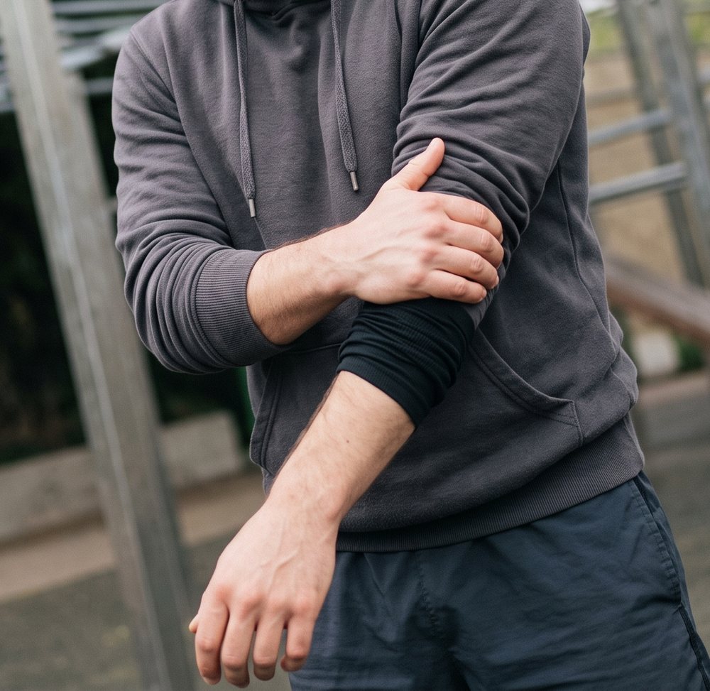 A man in a grey hoodie holding the inside of his right elbow with his left hand, his forearm in a black sleeve