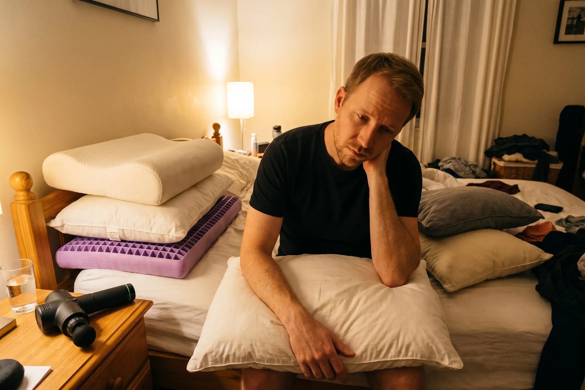 A man in a black t-shirt sitting on the edge of an unmade bed at night, one hand on the back of his neck, six different pillows heaped beside him and a massage gun on the nightstand