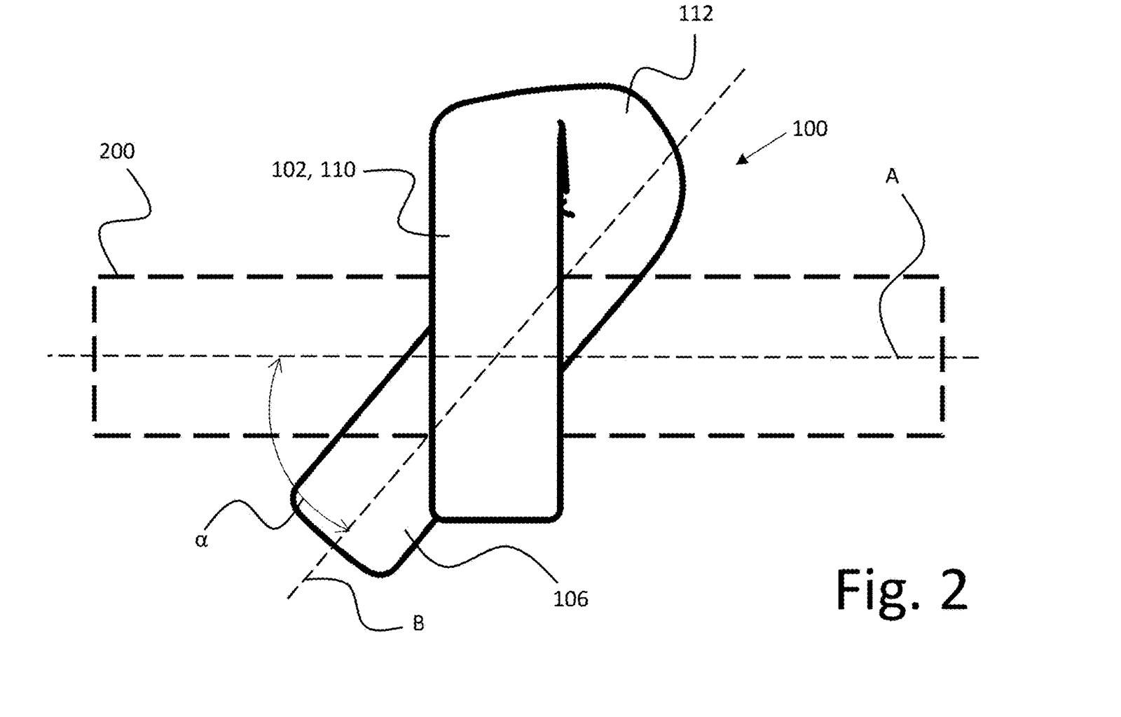 Figure 2 of US patent 12,667,751, a line drawing of the hook seen end on. The bar is drawn as a dashed rectangle along axis A and the handle runs along axis B, with the angle alpha marked between them