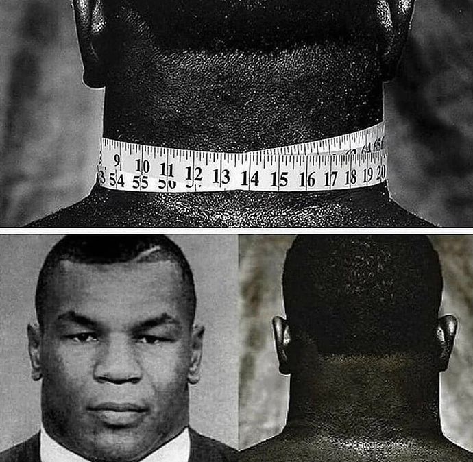 Mike Tyson's 20-inch neck measured with a tape measure, front and back views